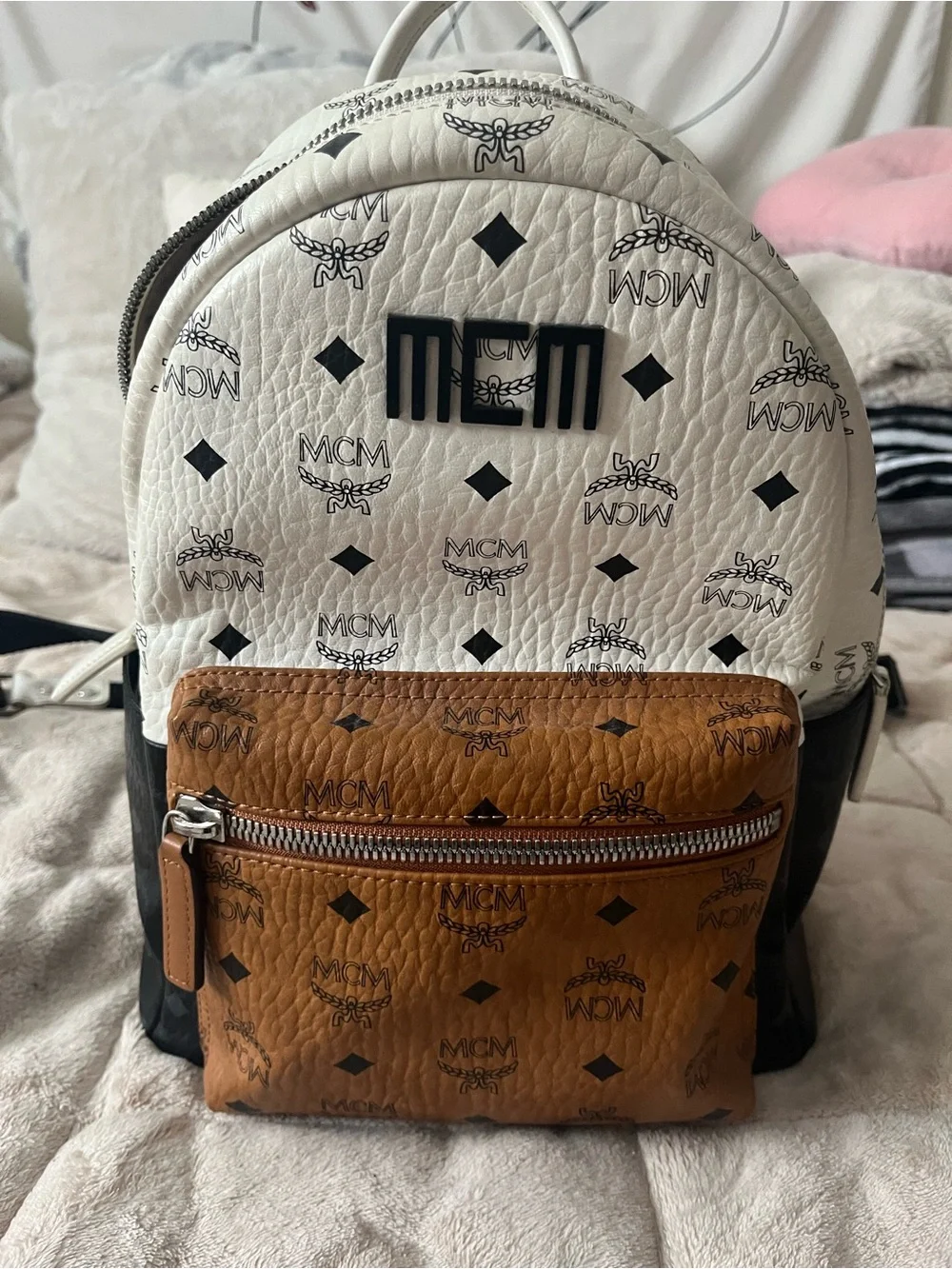 MCM, Stark Tricolor Visetos Canvas backpack small in white, cognac and black